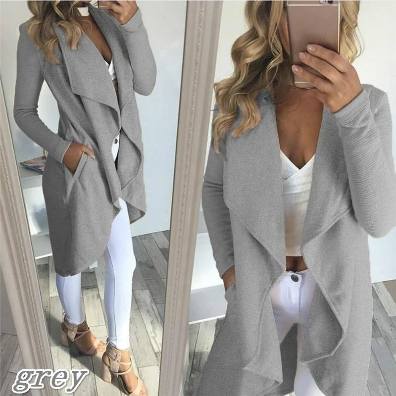 

New Cardigan Coat Autumn Cotton Blends Long Pockets Long Sleeve Lapel Collar Slim Women Casual Overcoat Outerwear Jacket 8L1886