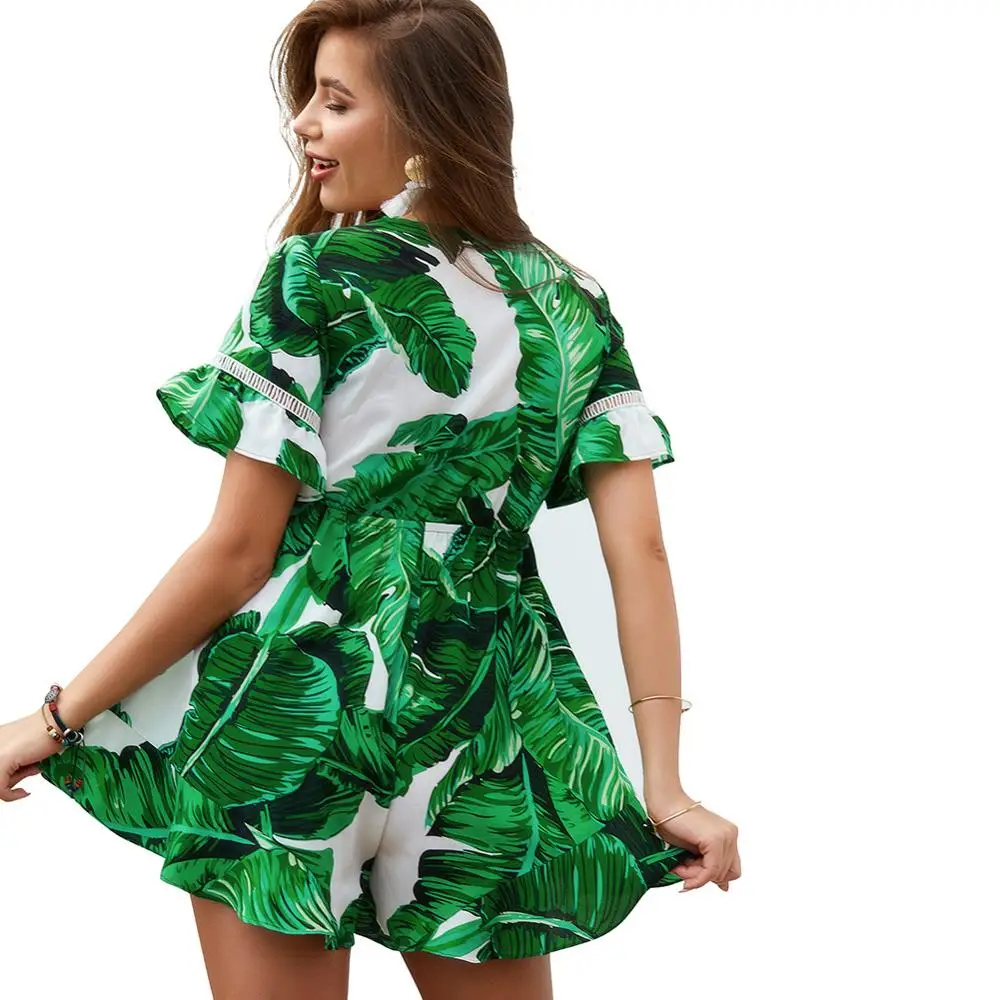 Женский элегантный комбинезон с v-образным вырезом и рюшами летний высокой