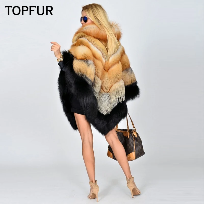 TOPFUR Real Fur Coat Women Natural Fox Fur Cape Women Cape Shawl Real Red Fox Fur Cape Shawl Bat Sleeved Fox Fur Cape Streetwear