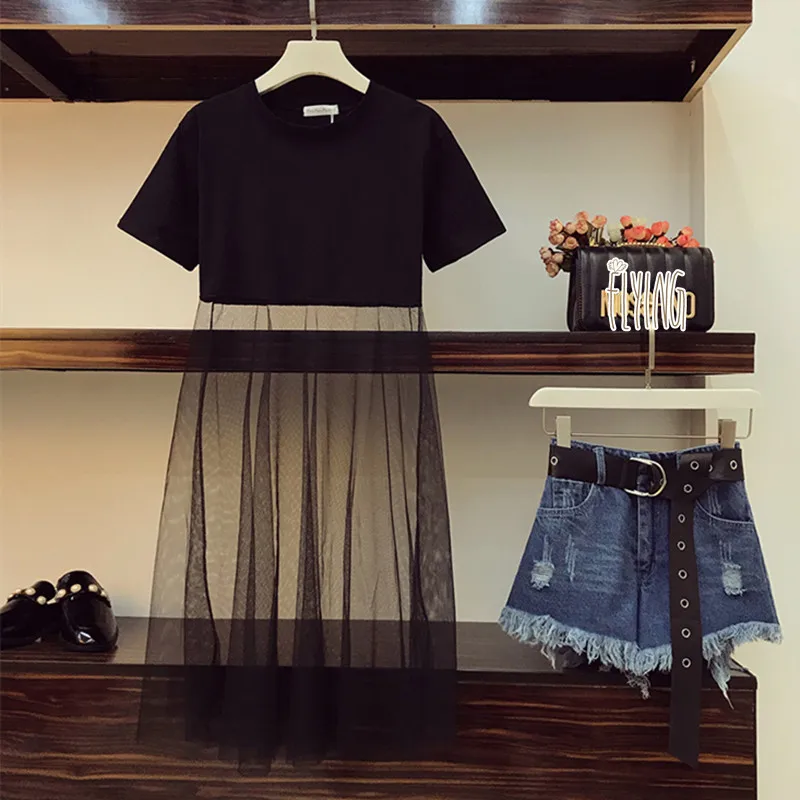 2019 летний женский джинсовый короткий комплект черная сетка пэчворк длинная