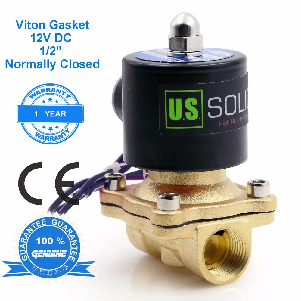 

U.S. Solid 1/2'' Brass Electric Solenoid Valve 12V DC Normally Closed Viton Gasket Air, Gas, Fuel