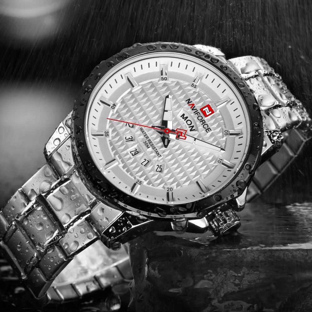 NAVIFORCE Men's Quartz Watches Silver White Full Stainless Steel Auto Date Day Watch Man Sports Army Military Wristwatches 9115 |