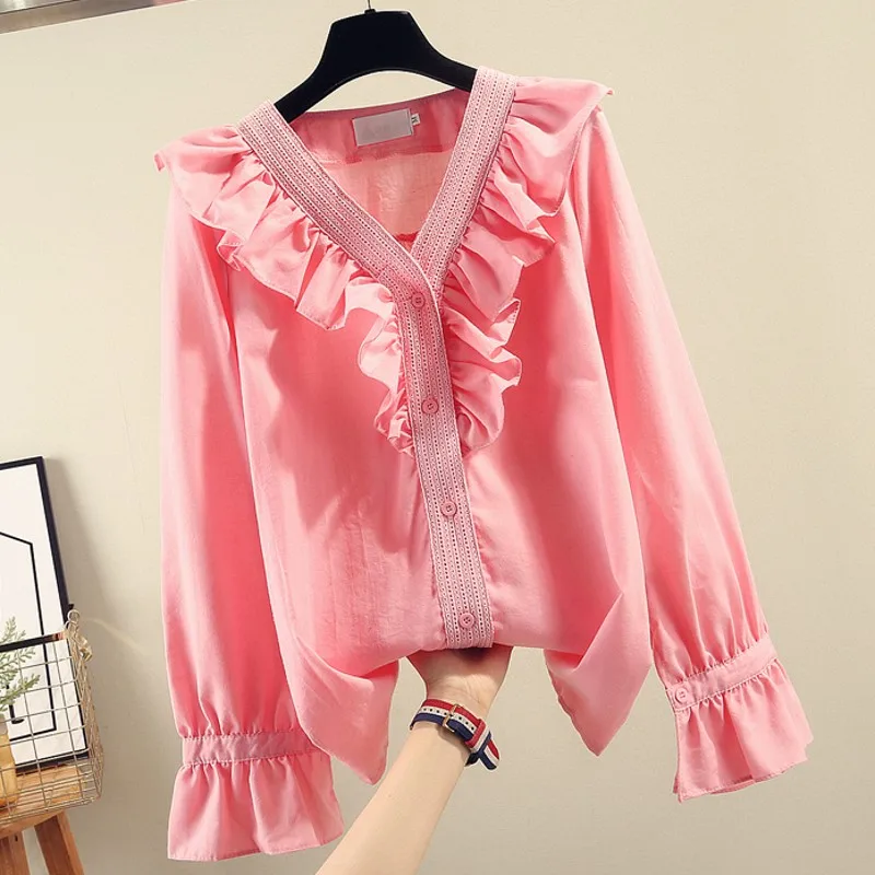 Женская блузка с длинным рукавом и оборками весна-осень | одежда