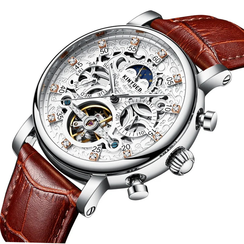 Автоматические часы DIDUN Skeleton мужские водонепроницаемые Sun Moon Phase механические