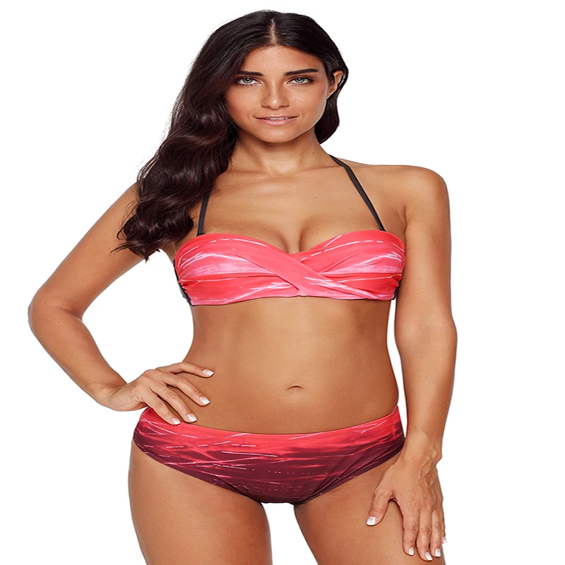 Женский купальник с градиентным принтом бикини-бандо лямкой на шее Летний