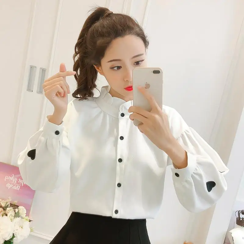 Для женщин блузки 2018 осенью новый корейский модные свободные любовь вышивка