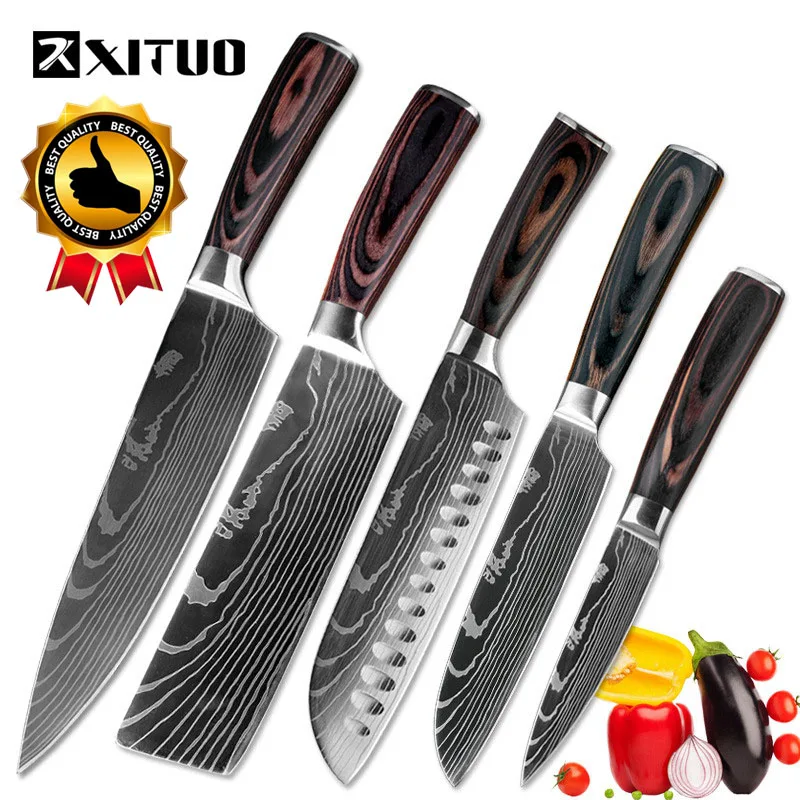 5PCS XITUO кухонные ножи из нержавеющей стали дамасский нож с лазерным узором Paka деревянная ручка фрукты овощи мясо инструменты для приготовления пищи аксессуары - Цвет: 5PCS