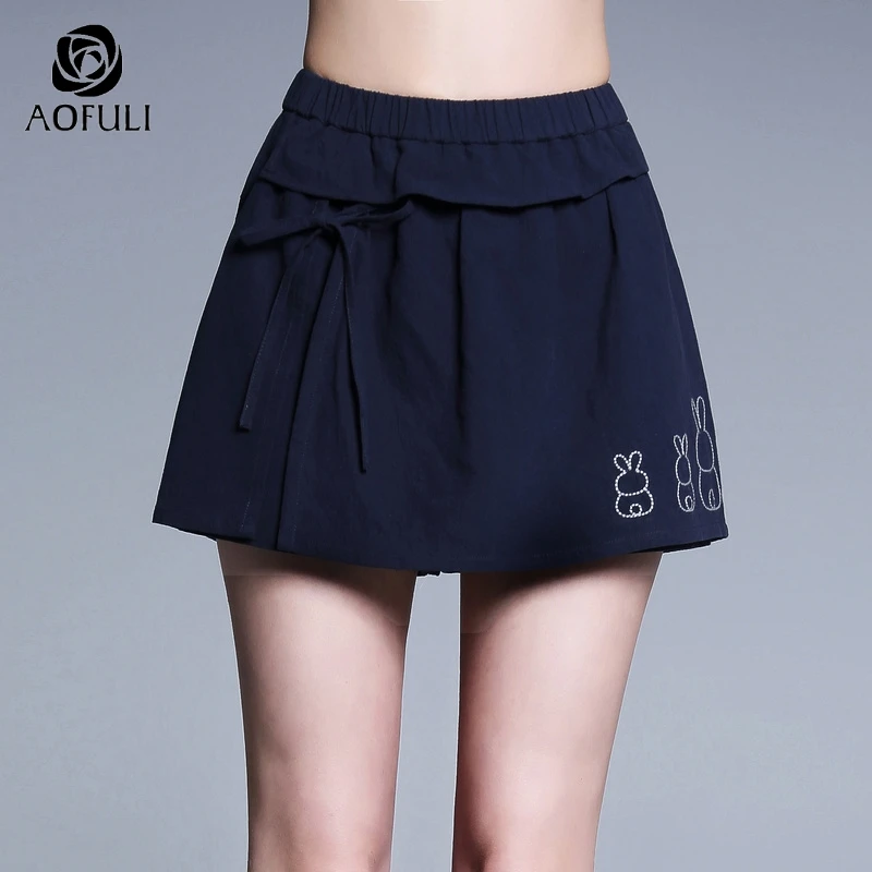 AOFULI L ~ 3XL 4XL Повседневная Женская хлопковая юбка шорты с бантом эластичная резинка