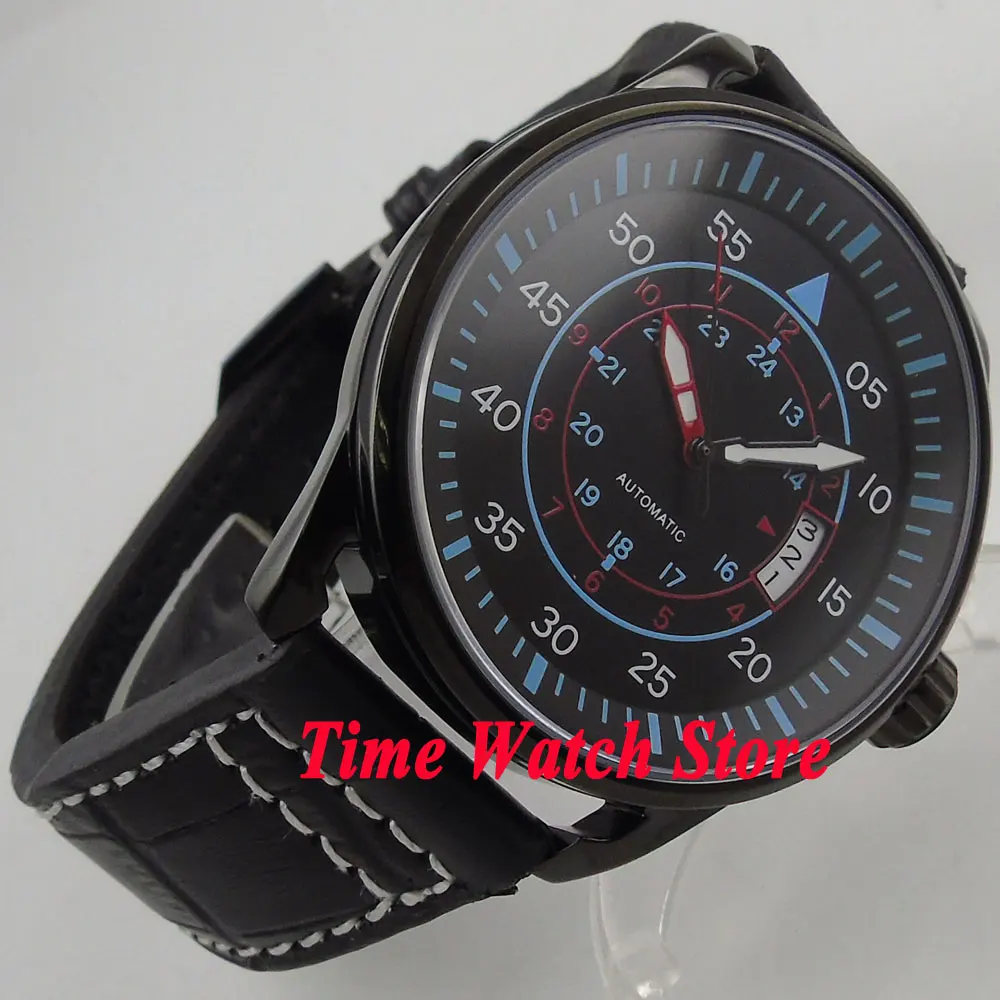 44 мм placa PVD чехол с черным циферблатом синие отметки Дата Окно светящиеся 24 часа