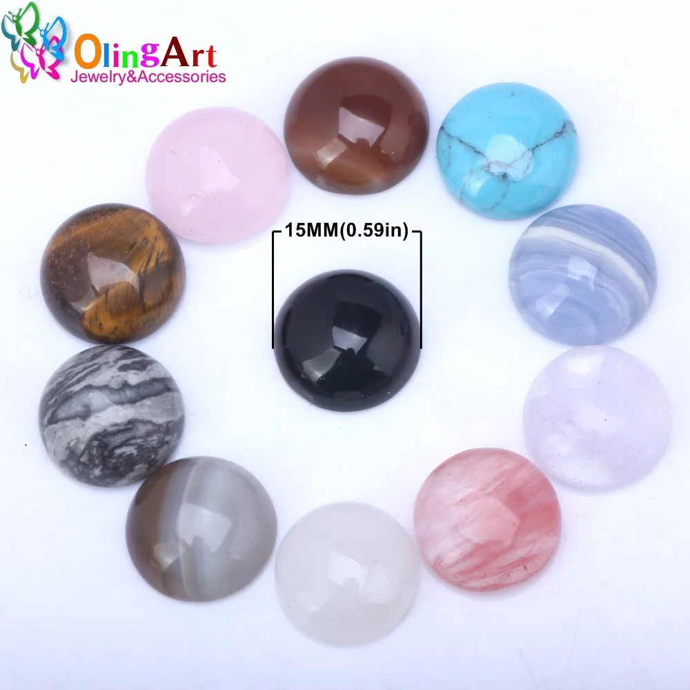 

OlingArt 15mm 6pcs / lot Semi-precious stones ring semi-circular flat Random mixed color DIY jewelry making