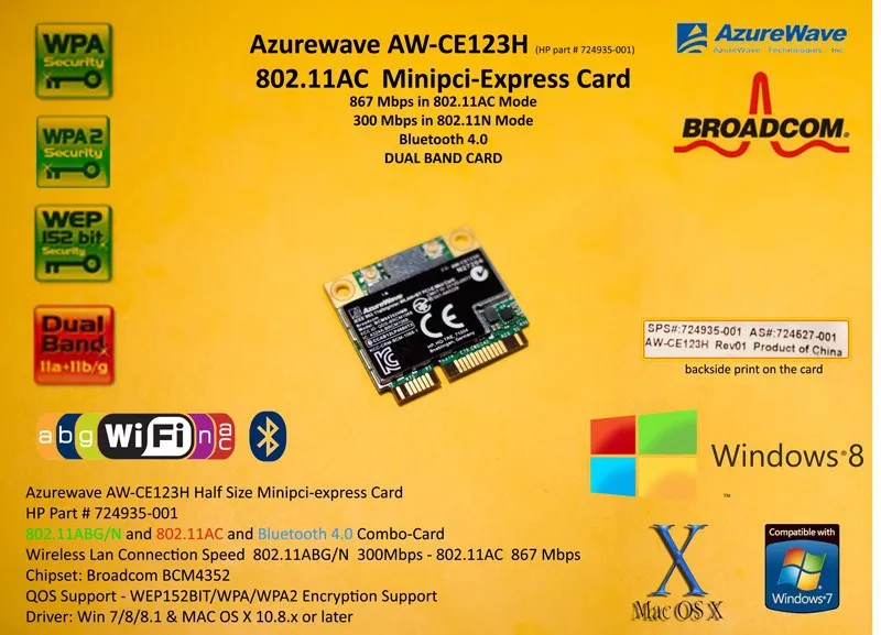 Wi Fi WLAN BT Bluetooth карта BroadCom BCM4352 BCM94352HMB Half Mini PCIe PCI express 867 МГц для 724935 001|bluetooth card|broadcom
