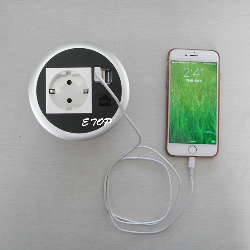 Круглая многофункциональная настольная розетка с 1 розеткой, 2 USB зарядными устройствами, 1 rj45 Сетевая розетка для офиса, отеля, кухни