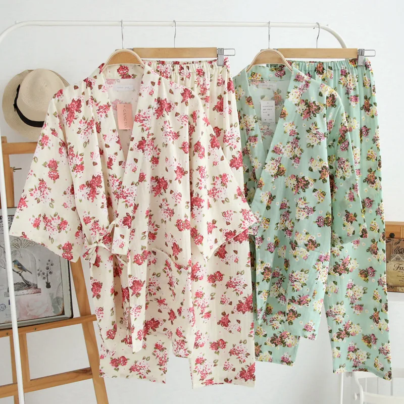 Японские пижамные комплекты простое кимоно хлопок Yukata милая свободная ночная