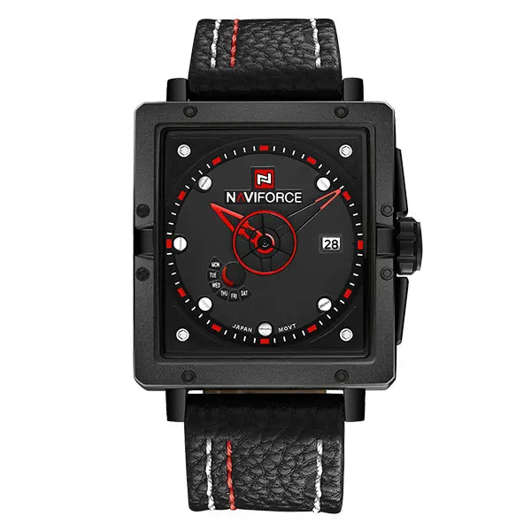 red NAVIFORCE китайский бренд Мужские часы Роскошные Спортивные кварцевые часы Прямоугольные циферблаты 30 м водонепроницаемый Авто Дата красный кожаный ремешок - Цвет: red