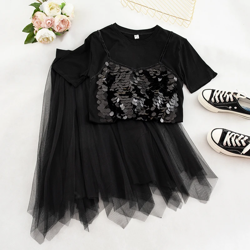 2019 летние костюмы из 2 предметов хлопковая Футболка с блестками топы + юбки