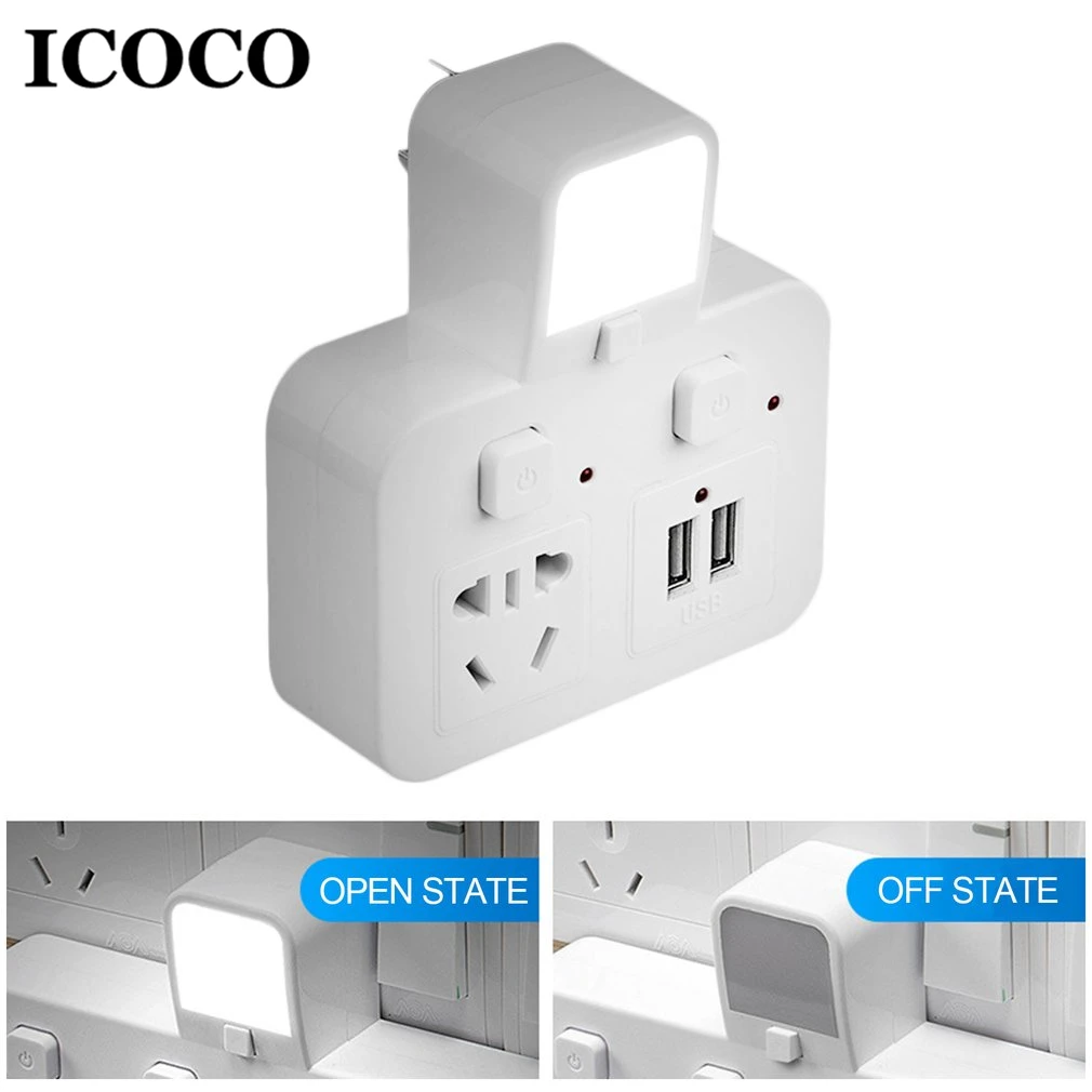 ICOCO 3в1 многофункциональная розетка-адаптер питания + USB настенная лампа ночник