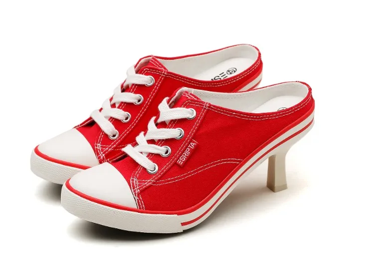 

2019 Canvas Women Shoes Sexy High Heel 6CM Black Pointed Toe Platform Ladies Leather Sole Slippers Female Slip On Sandal Shoes