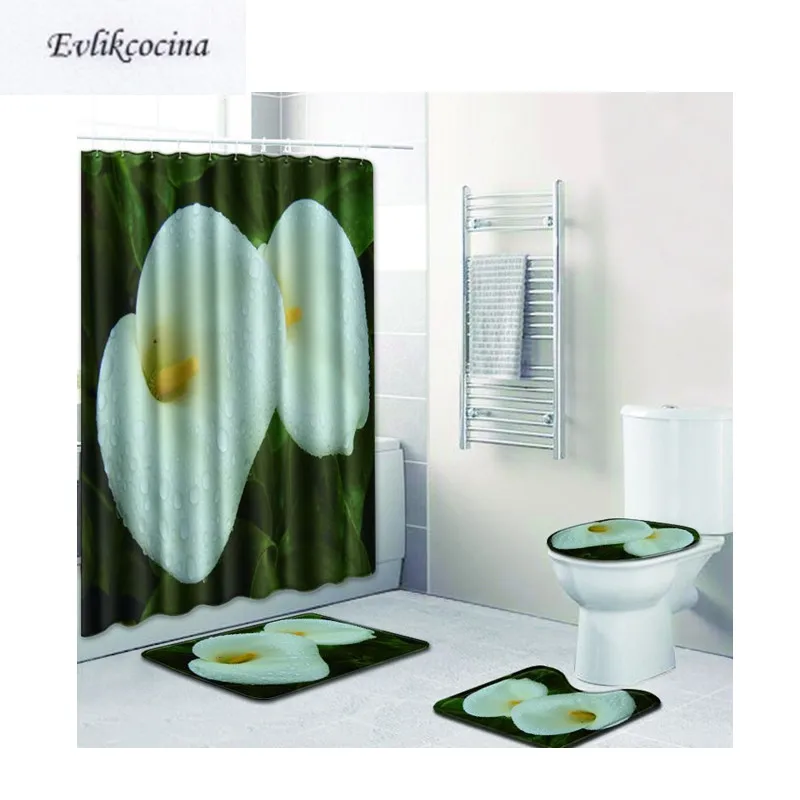 

Free Shipping 4pcs White Calla lily Banyo Paspas Bathroom Carpet Toalete Bath Mat Set Non Slip Tapis Salle De Bain Alfombra Bano