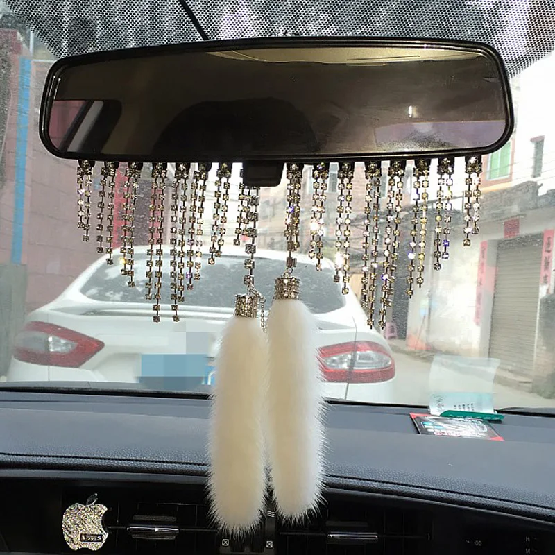 

High-end Car Crystal Diamante Pendant Mink Fur Rearview Mirror Hanging Ornaments Charm Car Interior Decoration Accessories