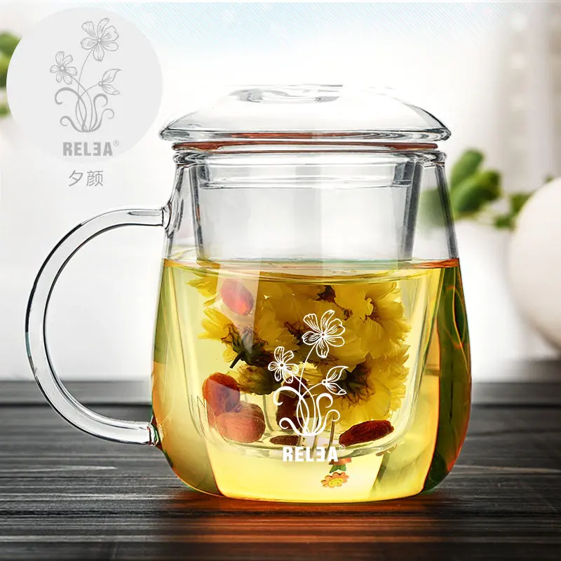 500ml daffodil image Прозрачная стеклянная кружка, стеклянная чашка для кофе, чая, молока, сока, кружка с сеткой, инфузионное чайное ситечко с фильтром, чайник, термостойкие стеклянные кружки - Цвет: 500ml daffodil image
