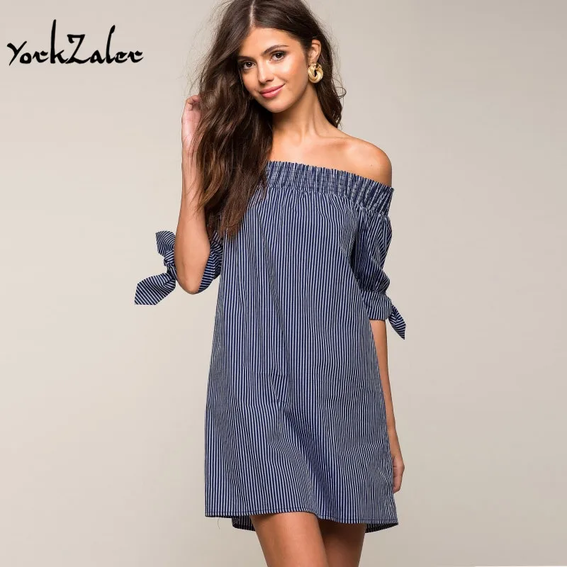 Yorkzaler Slash шеи милые росы плеча вертикальные полоски платье лук руку синий Line