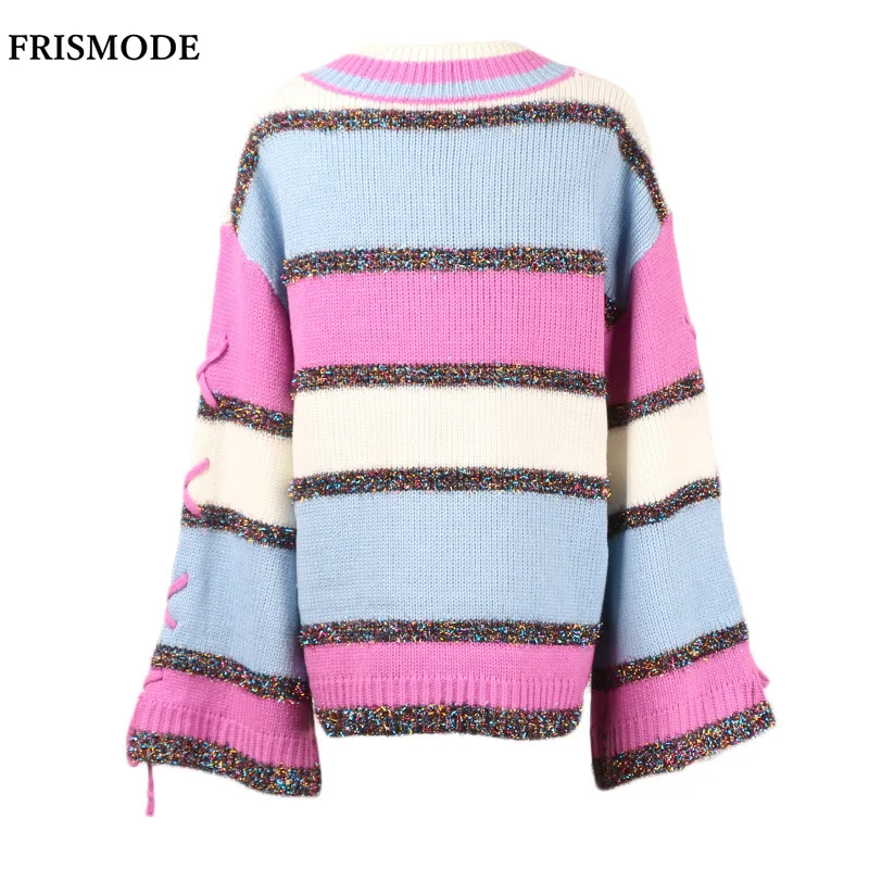 2019 new Autumn Winter Women's Knitted Sweater V-neck Long Sleeve Lace Up Striped Color Blocking Loose Casual Pullovers Sweaters | Женская