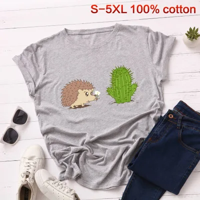 light gray SINGRAIN летняя кавайная мультяшная футболка Харадзюку Ежик кактус женские Забавные топы размера плюс принт с животными футболка Новинка - Цвет: light gray