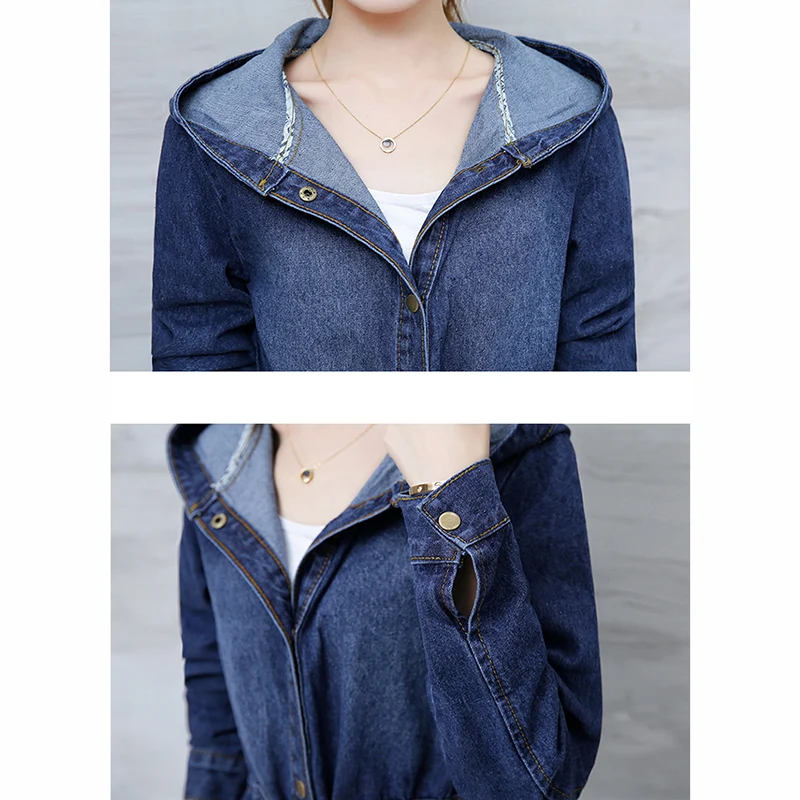 2018 Демисезонный Для женщин Джинсовый плащ с длинным рукавом капюшоном плюс