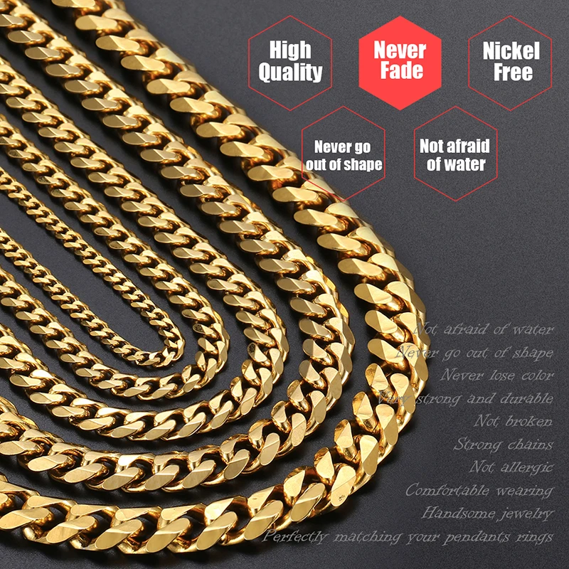 3/5/7/9/11mm 24&quot Men's Necklace 5Pcs/Lot Stainless Steel Cuban Link Chain Gold Color for Men Wholesale Jewelry KNM08A | Украшения и