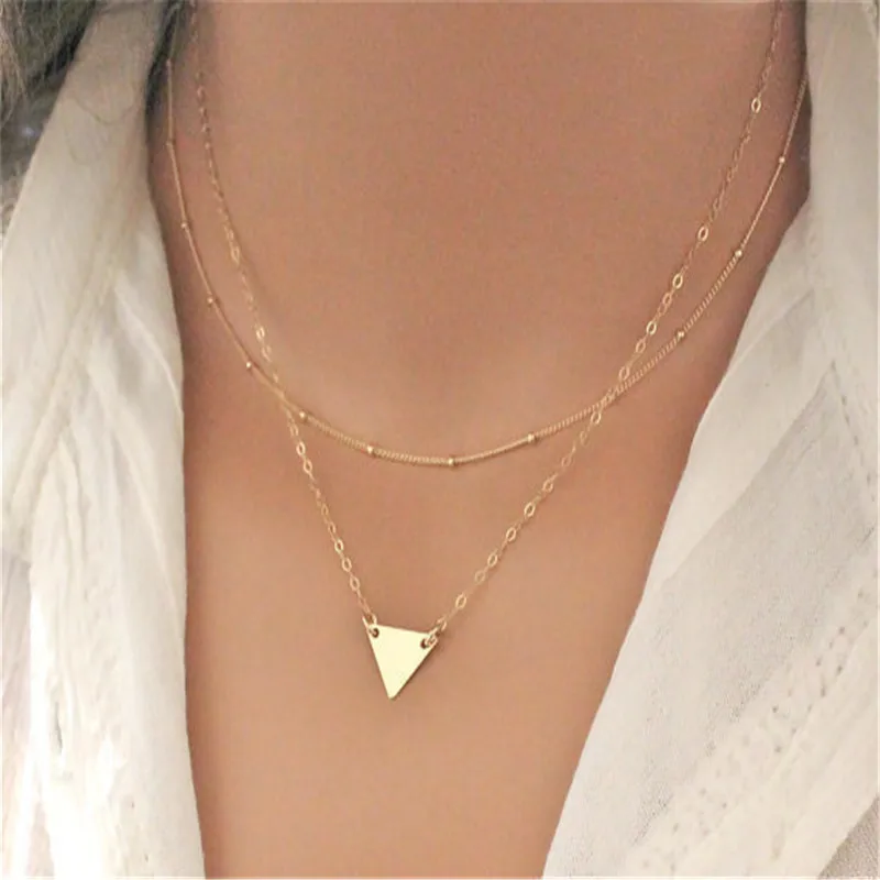 Модное простое крошечное Золотое треугольное ожерелье с двойной цепочкой для