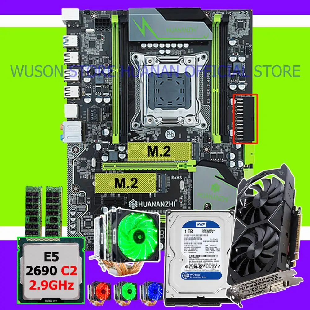 Скидка HUANANZHI X79 Pro Материнская плата с Процессор Xeon E5 2690 C2 2,9 ГГц Оперативная память 16G(2* 8G) видеокарта GTX1050Ti 4G 1 ТБ SATA3.0 HDD