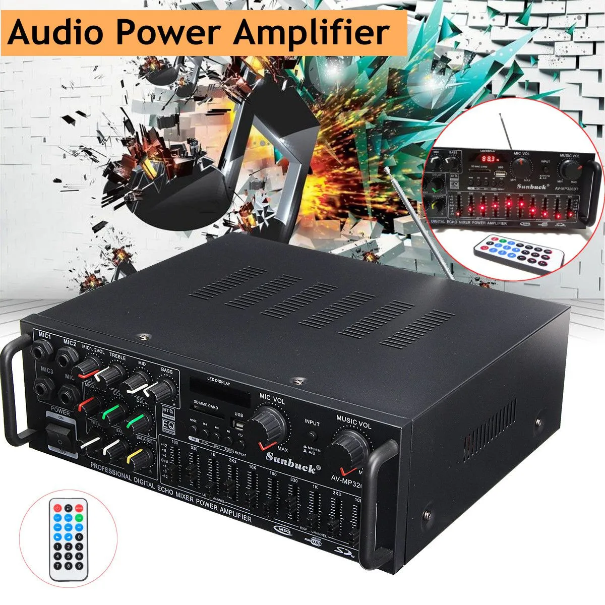 Bluetooth 2,0 канал 2000 Вт аудио HiFi усилитель стерео 326BT 12 В/220 В AV усилитель динамик поддержка 4 микрофона реверберации равновесия