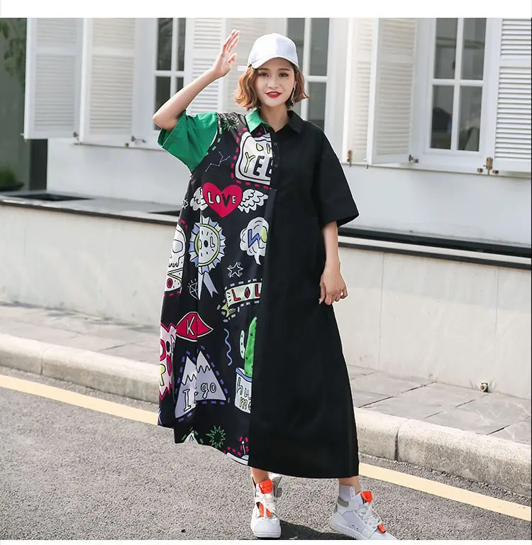 XITAO Plus Size Street Midi Dress Women Korea Fashion Turn Down Collar Patchwork Print Pattern Cardigans New WBB4449