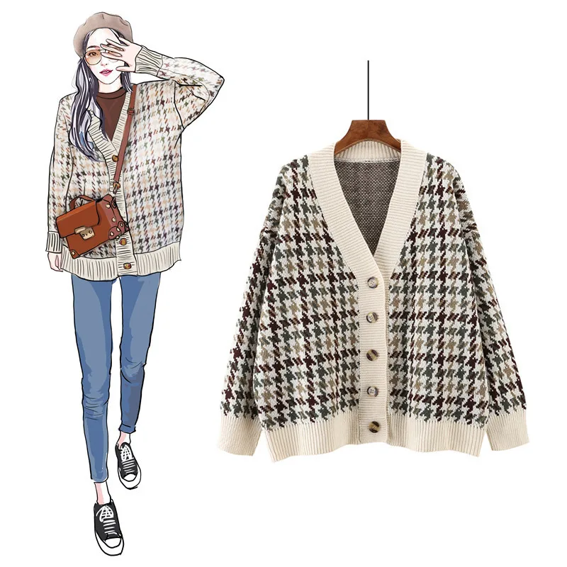 Casual Women Cardigans Sweater New 2019 Knitting Autumn Winter Warm Houndstoot Buttons Single Breasted Elegant Ladies Tops SW917 |