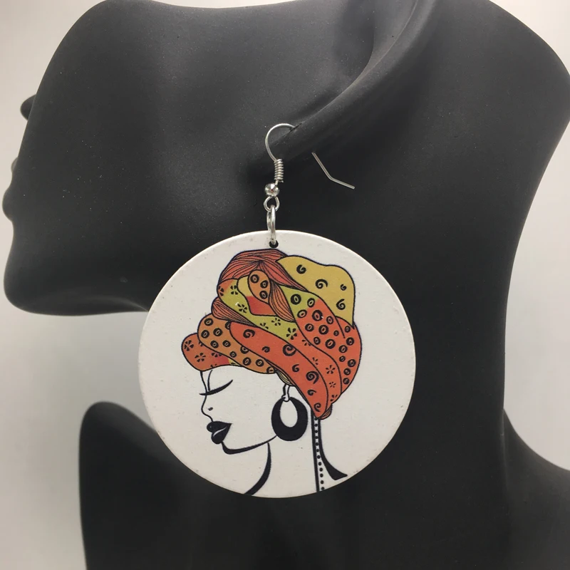 Бесплатная доставка! 5 пар/лот деревянные серьги с принтом головы в африканском