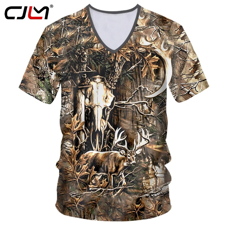 

CJLM Fashion Man V Neck Tshirt 3D Forest Deer Funny Tee Shirt Streetwear Mens T-shirt Brown Leaves Oversized Tracksuit