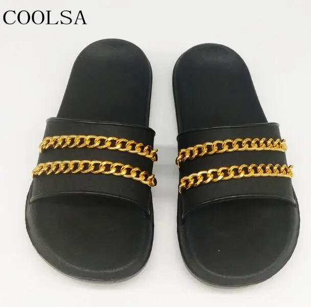 COOLSA мужские летние металлические туфли с декоративной цепочкой уличные пляжные сланцы домашние Нескользящие Тапочки для ванной мужские шлепанцы на плоской подошве пара сандалий - Цвет: Two chains