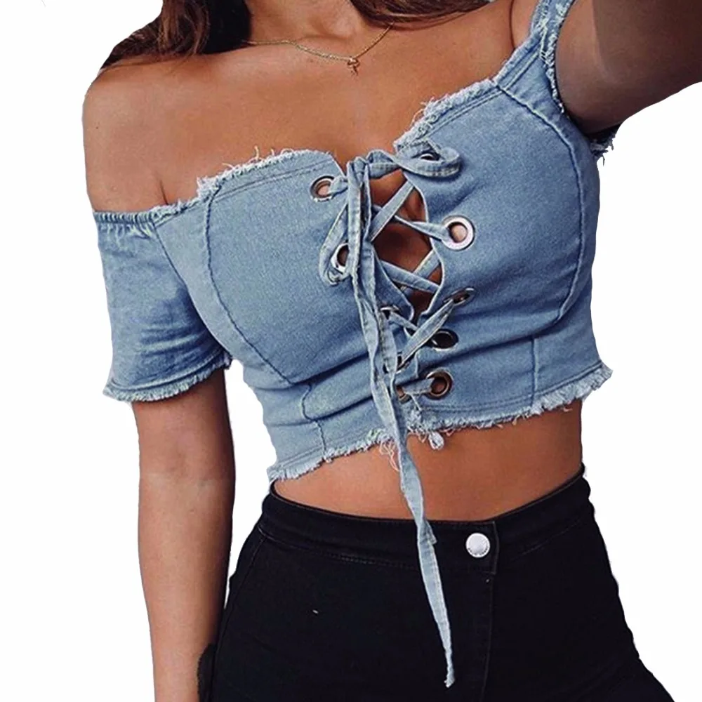 Лидер продаж сексуальные топы футболка на шнуровке джинсовые синие футболки с