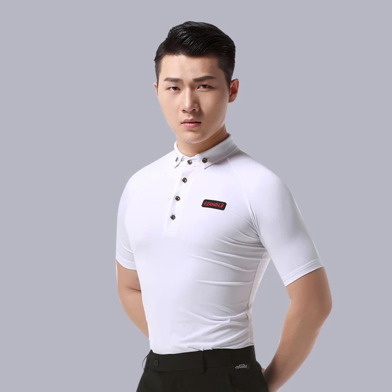 White Short Sleeve Для мужчин латинский танец рубашка черный воротник V с пальто 2 шт. мужской танцевальные костюмы современные румба чача латинский бальный танец одежда BL1351 - Цвет: White Short Sleeve