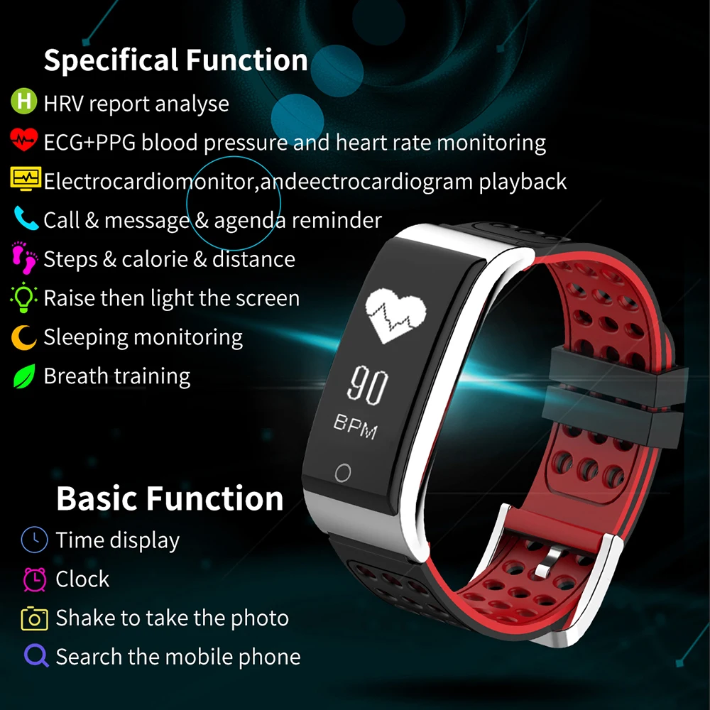 E09 Smart Bracelet Support ECG PPG Blood pressure Heart Rate monitoring fitness tracker Bluetooth Wristband with color strap | Электроника