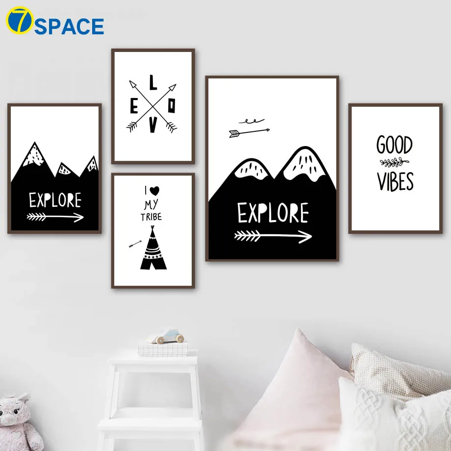 

Cartoon Explore Arrow Tent Mountain Nordic Posters And Prints Wall Art Canvas Painting Black White Wall Pictures Kids Room Decor