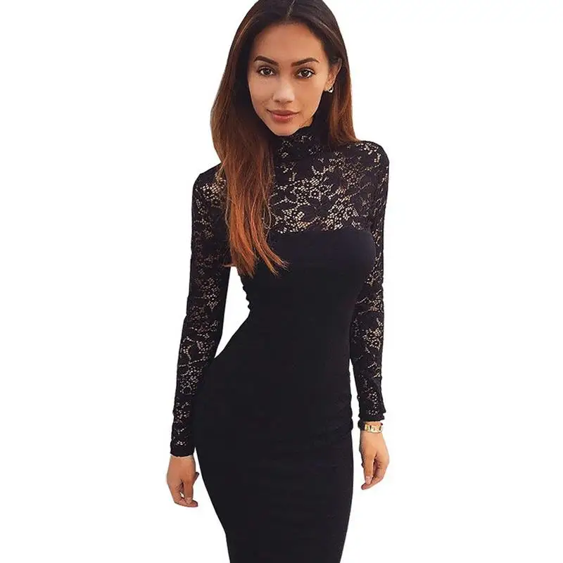 Сексуальное кружевное платье с высоким воротником и длинными рукавами