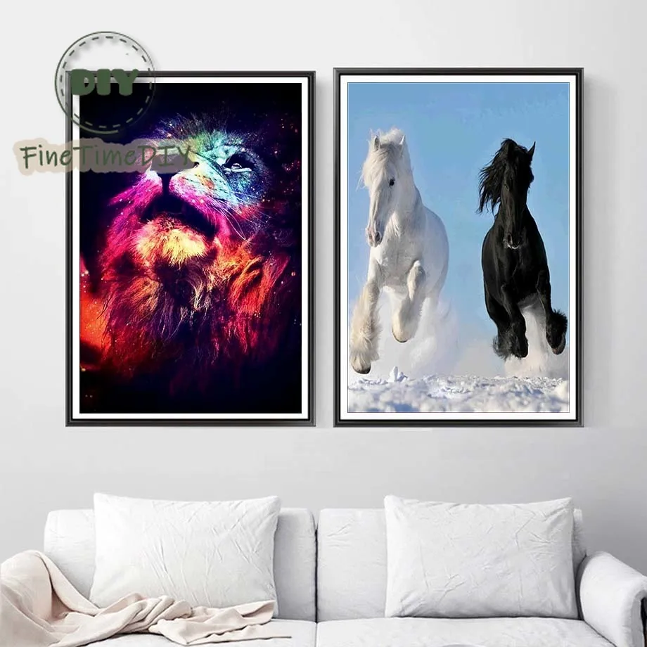 FineTime 5d алмазов картина животных частично кольцевой дрель Лев лошадь diy Алмазная