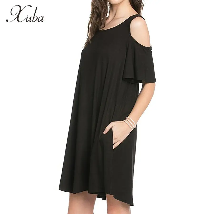 XUBA 2017 Для женщин Свободные Свинг Fit платье рюшами Sleeve Cold Shoulder плиссированные