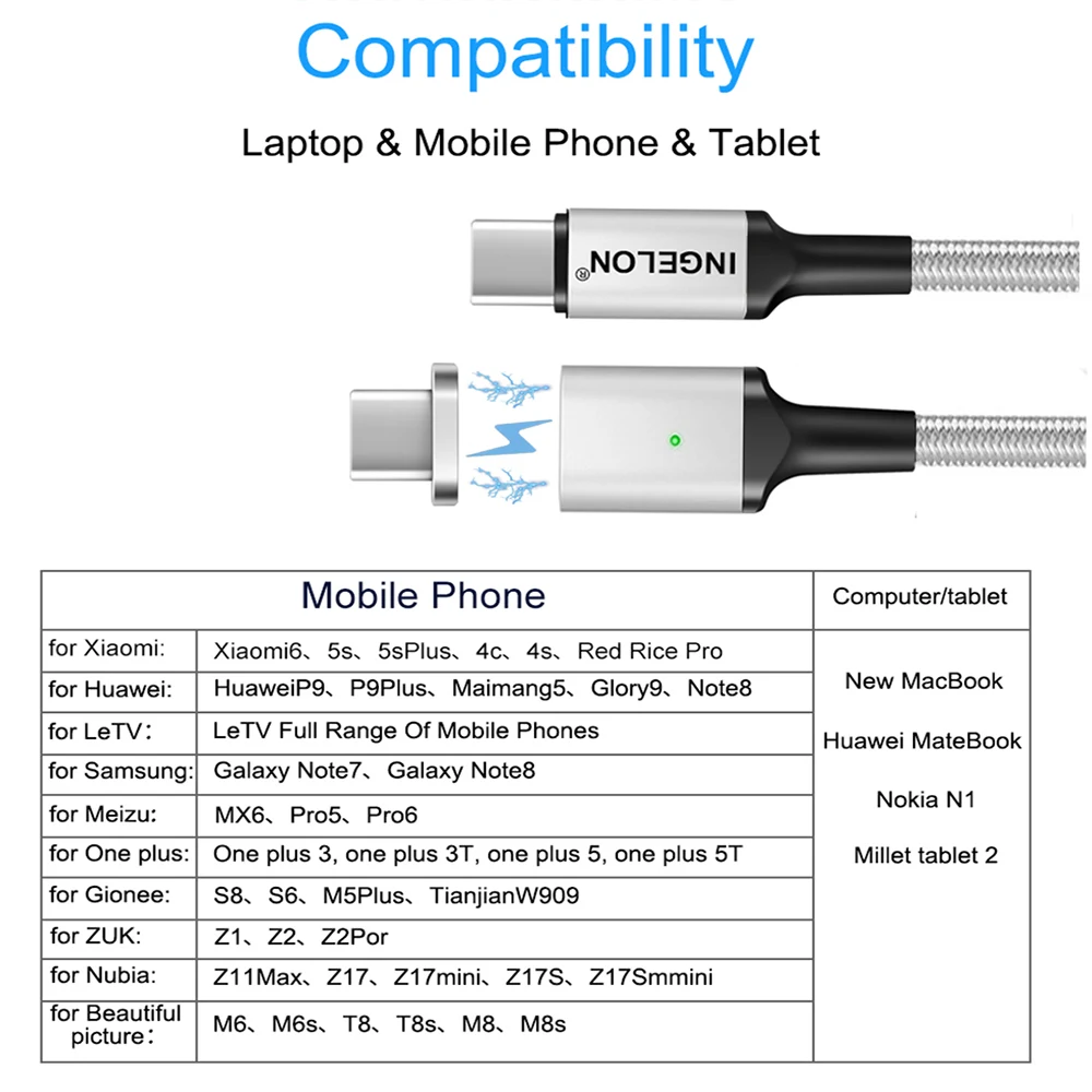 Ingelon usb c 3 1 быстрое зарядное устройство магнитный кабель PD Tipe C 100 Вт 5A 8 м