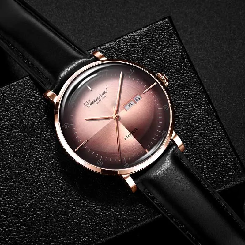 Карнавал механические Автоматические часы для мужчин Reloj Hombre кожаный ремешок для мужчин s часы лучший бренд класса люкс водонепроницаемые золотые наручные часы - Цвет: gold coffee