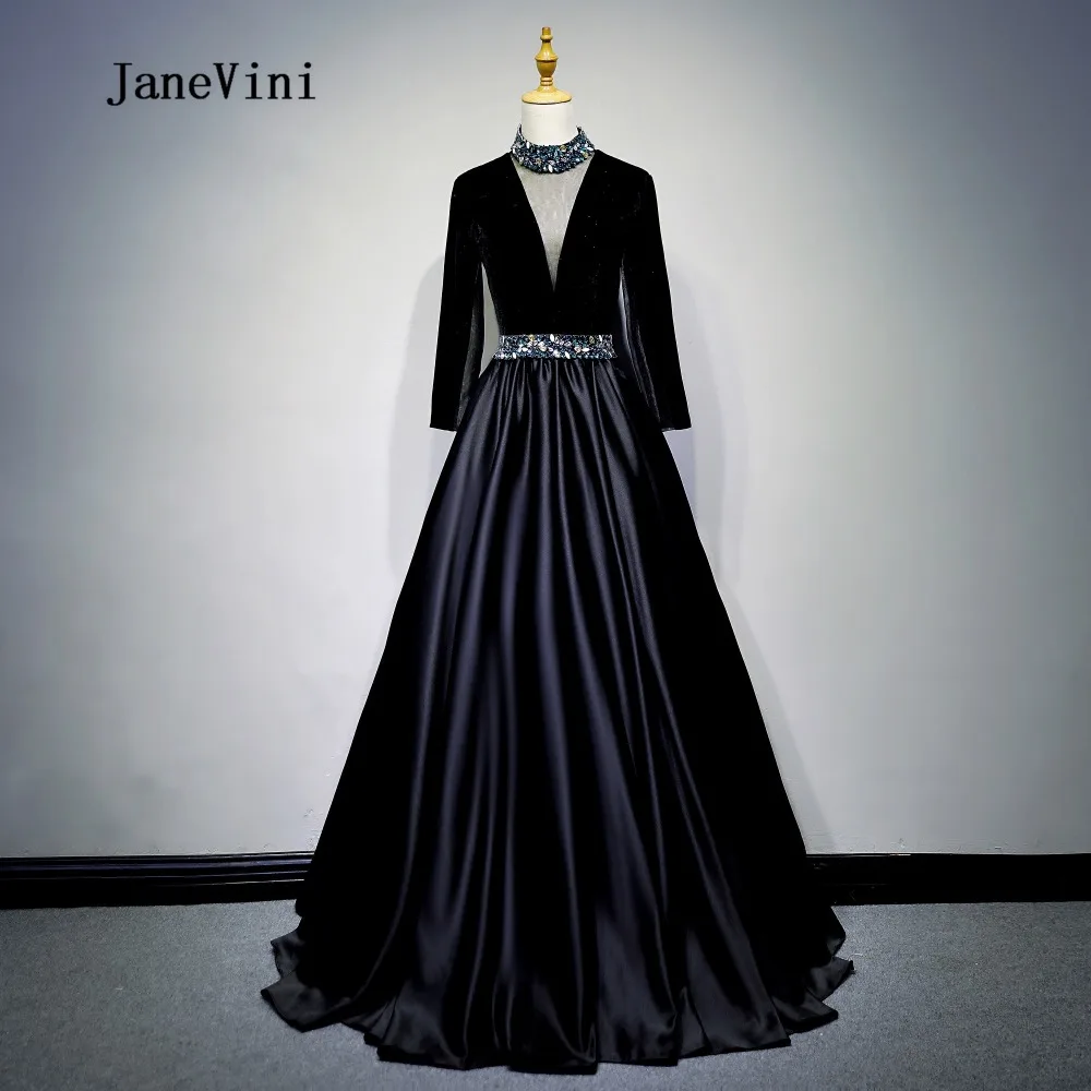 

JaneVini 2018 Black Satin Beaded Long Bridesmaid Dresses for Weddings V-Neck Illusion Floor Length Abiti Da Damigella D'onore