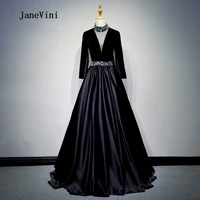 janevini 2018 black satin beaded long bridesmaid dresses for weddings v neck illusion floor length abiti da damigella donore