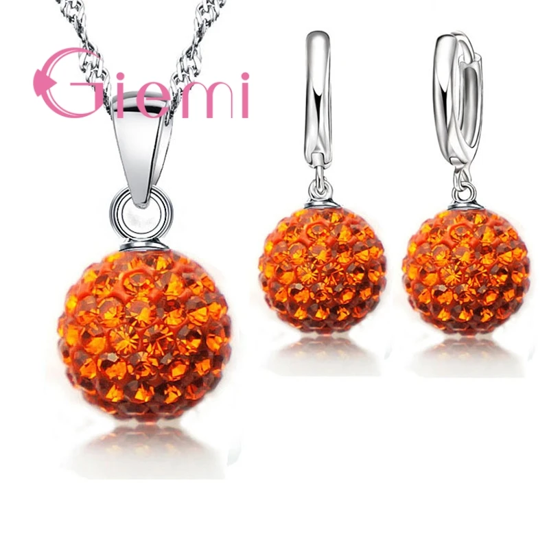 925 Sterling Silver Austrian Crystal Ball Lever Back Earring Pendant Necklace Set for Women - Big Promotion image 3