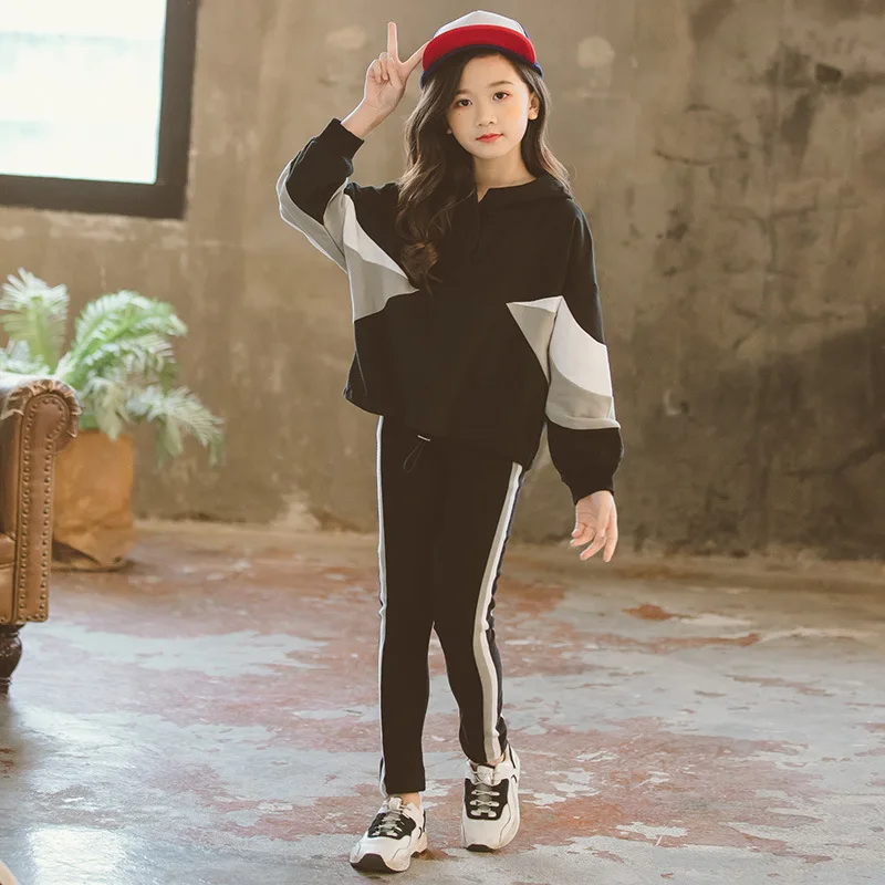 Fashion Girls Clothing Set Hooded Sport for Teenagers Striped Black Tracksuit Children Clothes 2019 Korean Kids | Мать и ребенок
